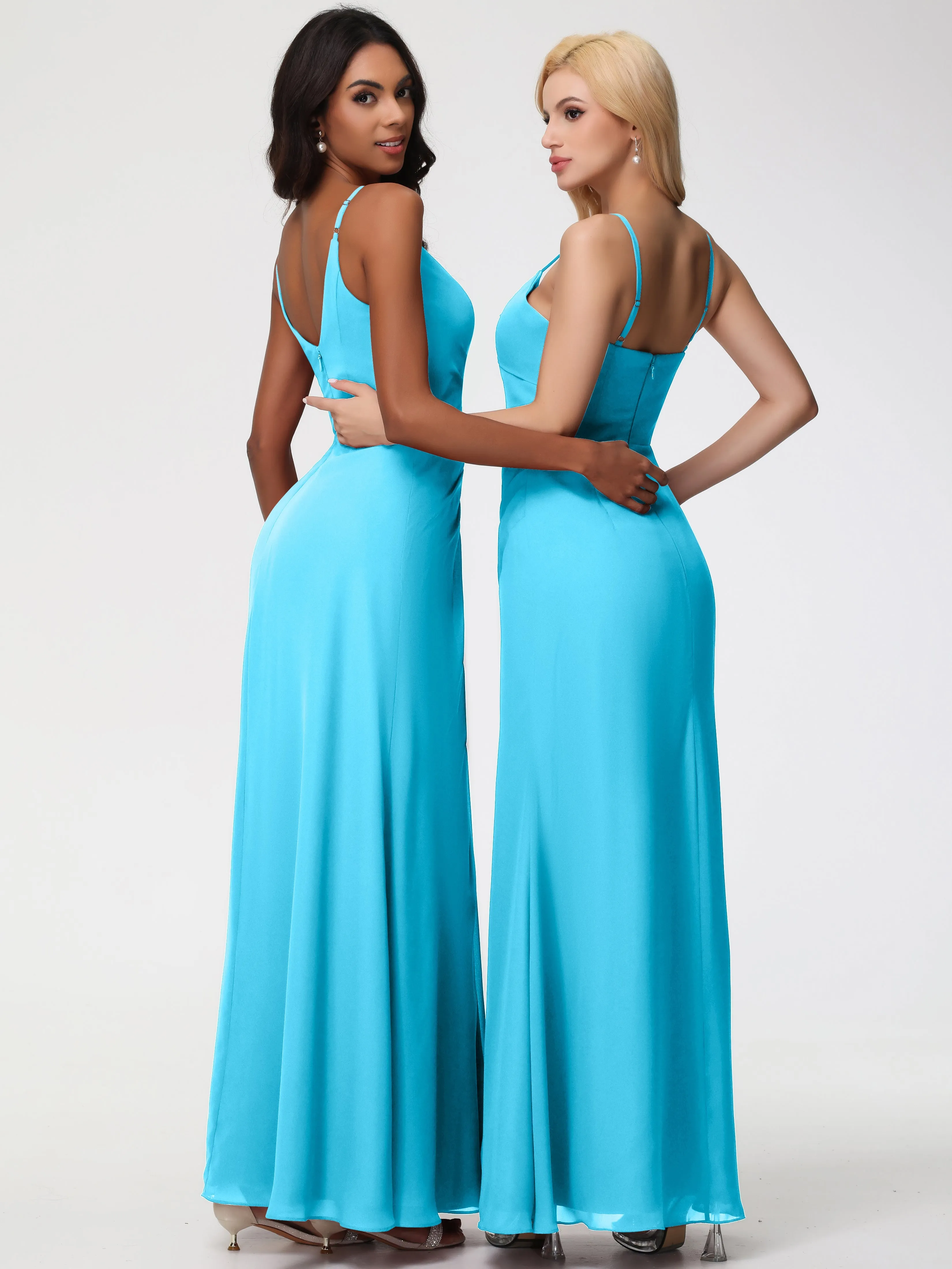 Pool Blue Bridesmaid Dress A-Line V-Neck Spaghetti Straps Ruched Chiffon Bridesmaid Dresses With Slit