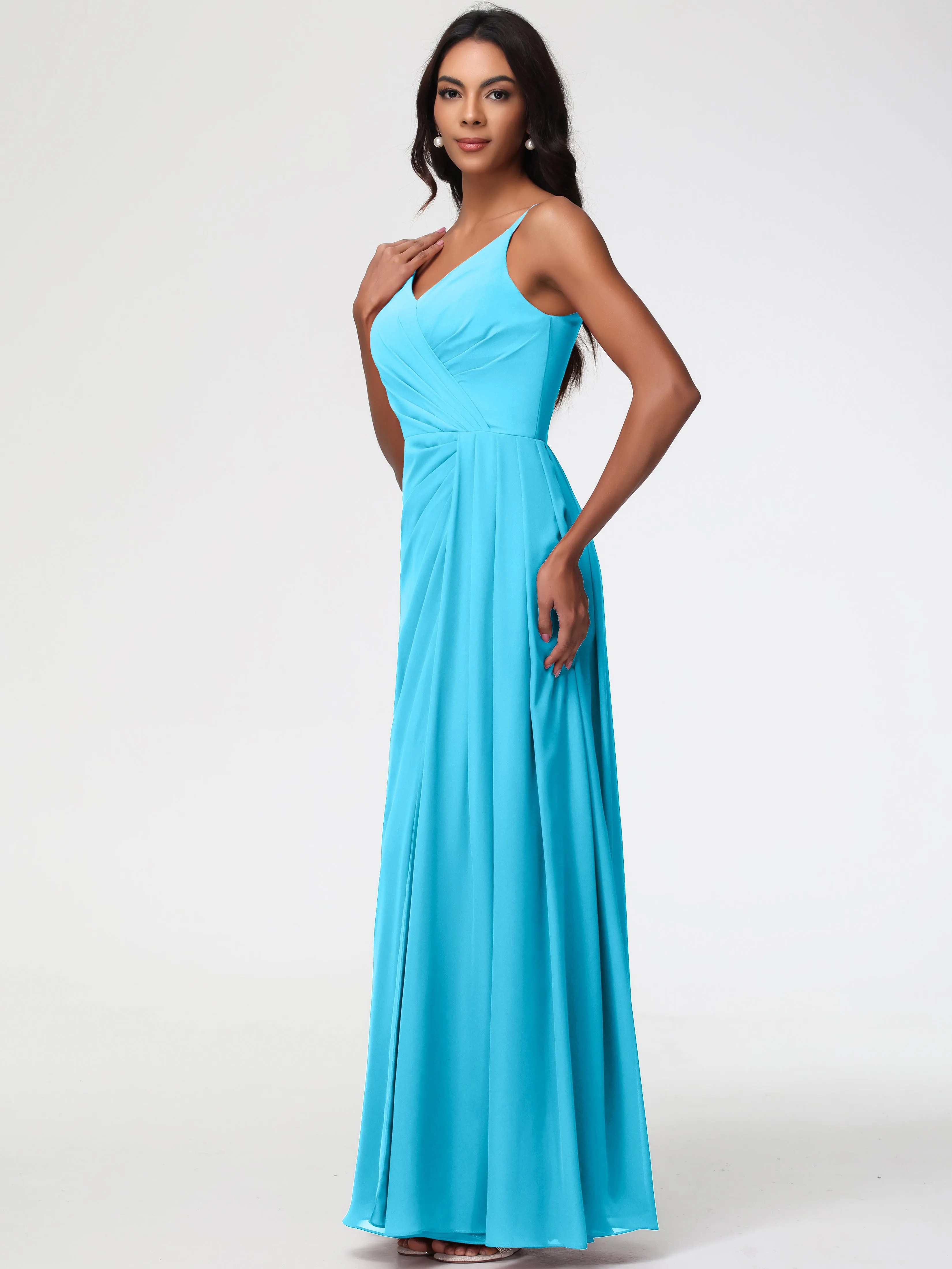 Pool Blue Bridesmaid Dress A-Line V-Neck Spaghetti Straps Ruched Chiffon Bridesmaid Dresses With Slit