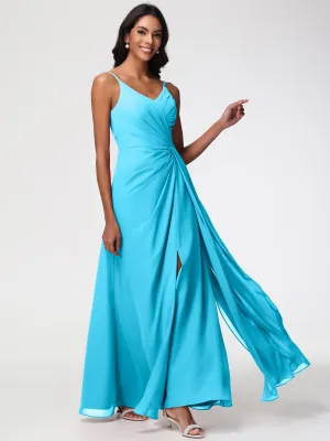 Pool Blue Bridesmaid Dress A-Line V-Neck Spaghetti Straps Ruched Chiffon Bridesmaid Dresses With Slit