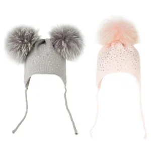 Raccoon Fur Pompoms Beanie