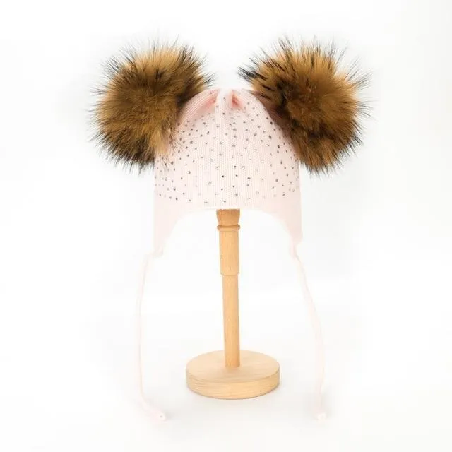 Raccoon Fur Pompoms Beanie