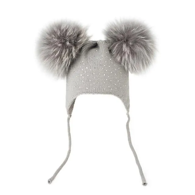 Raccoon Fur Pompoms Beanie