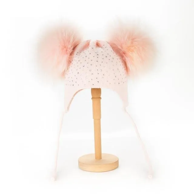 Raccoon Fur Pompoms Beanie