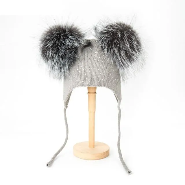 Raccoon Fur Pompoms Beanie