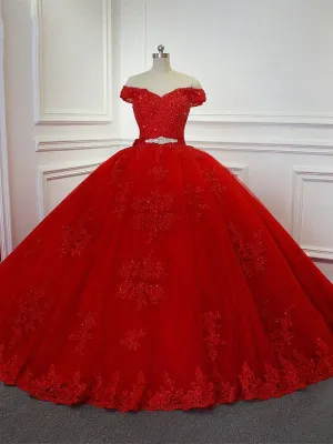 Red  Off-the -Shoulder Lace-Up Crytal Princess Wedding Dresses