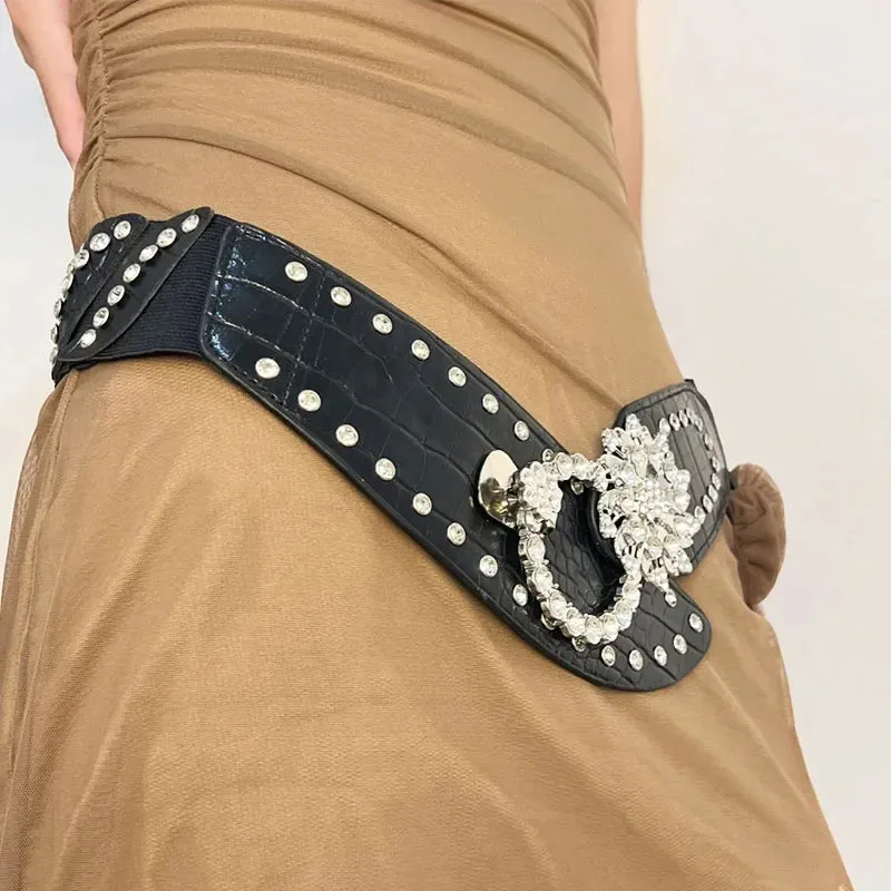 Sexy Rhinestone Flower Belt - Vintage Punk Metal Buckle Y2K Wide Waistband