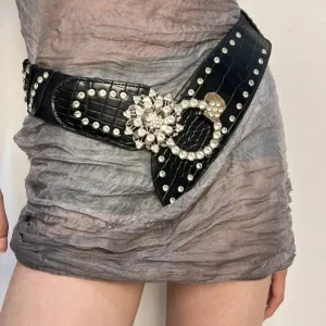 Sexy Rhinestone Flower Belt - Vintage Punk Metal Buckle Y2K Wide Waistband