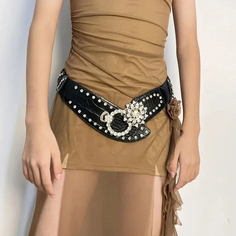 Sexy Rhinestone Flower Belt - Vintage Punk Metal Buckle Y2K Wide Waistband