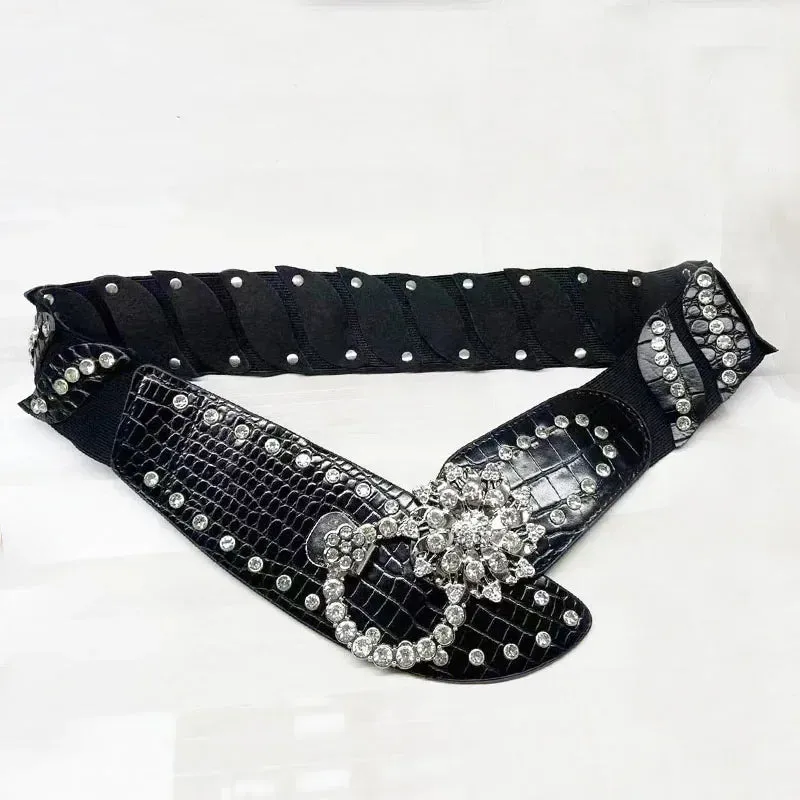 Sexy Rhinestone Flower Belt - Vintage Punk Metal Buckle Y2K Wide Waistband